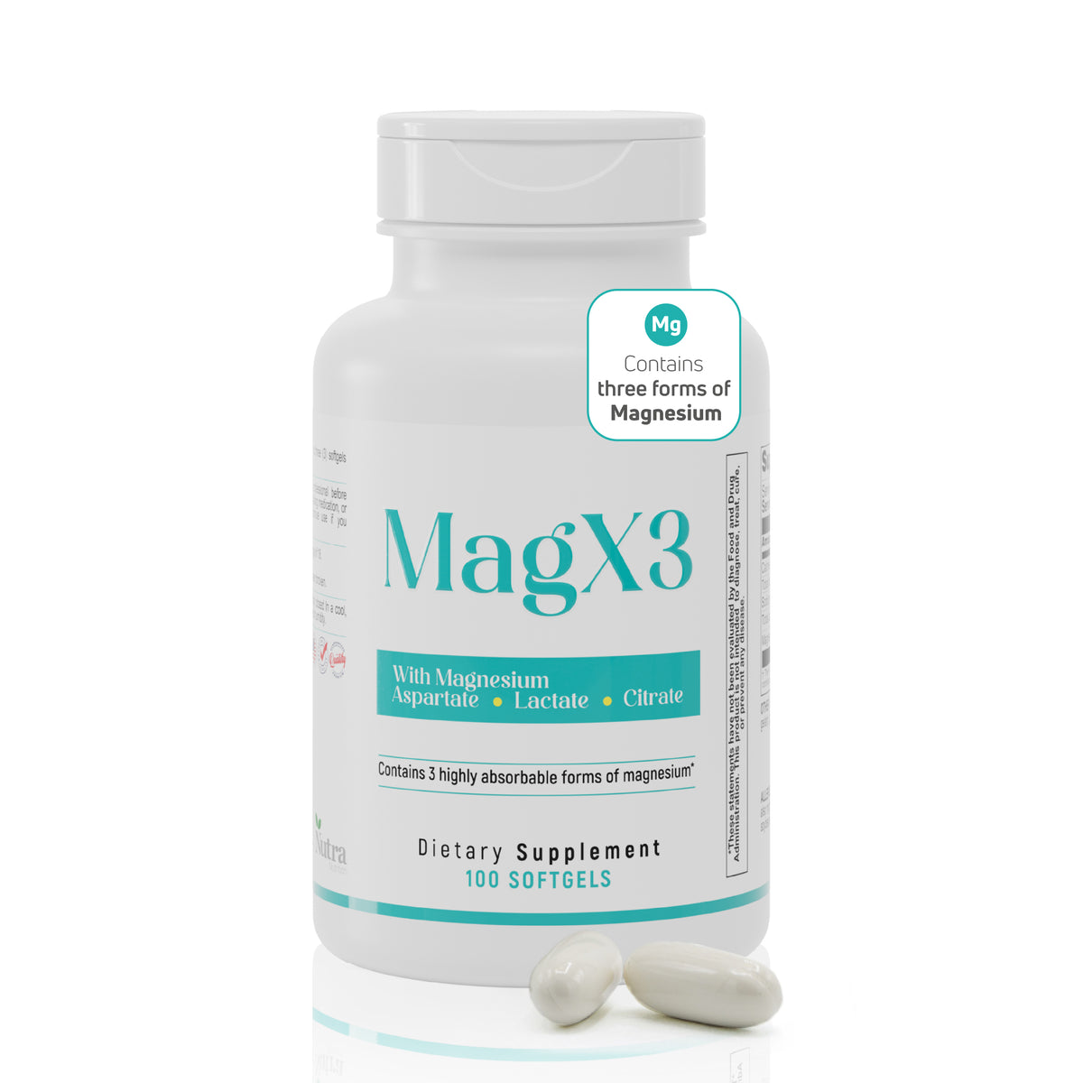 MagX3 magnesium supplement bottle with magnesium aspartate, lactate and citrate, 400 mg per serving and 100 softgels
