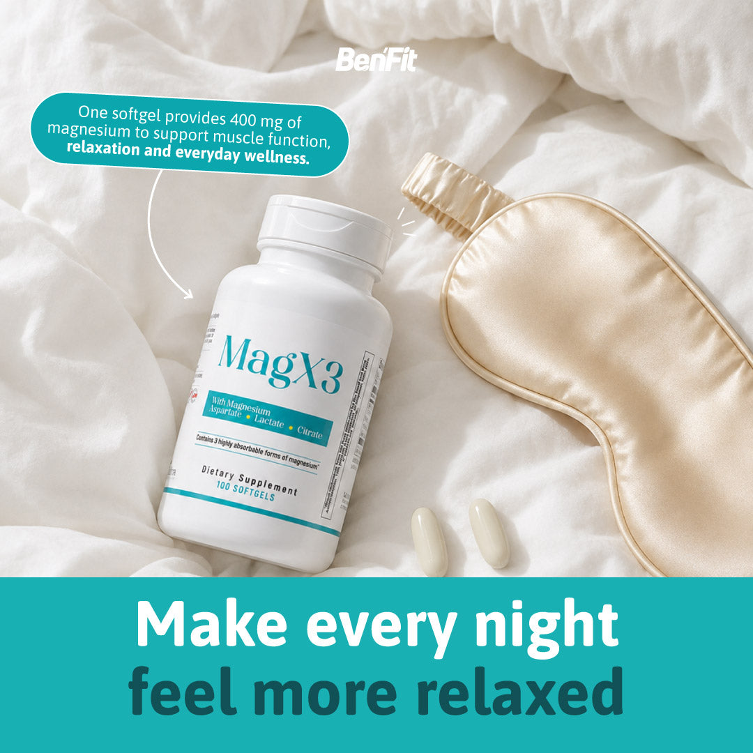 BenFit MagX3 magnesium supplement beside a sleep mask, featuring 400 mg of magnesium for muscle function and relaxation support.