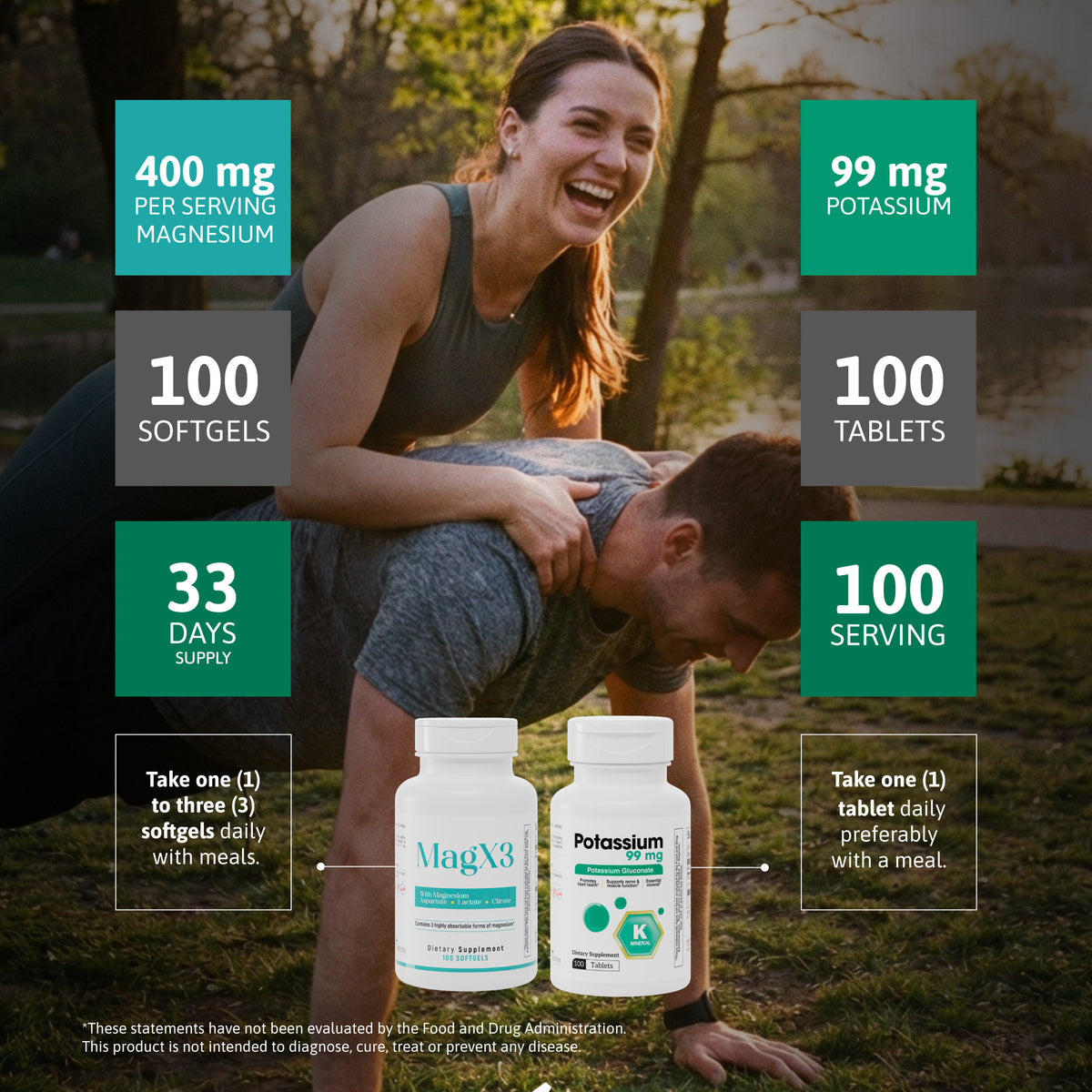 Supplement bundle details showing MagX3 magnesium 400 mg and Potassium Citrate 99 mg with daily serving information.