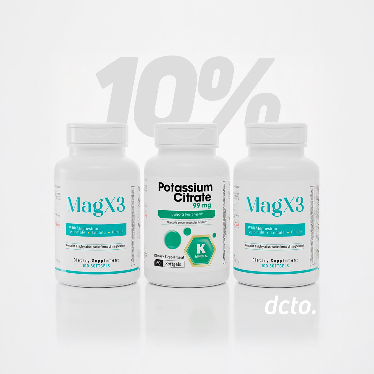 MagX3 magnesium and Potassium Citrate supplement bundle with 10 percent discount promotion.