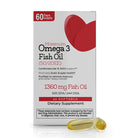 Maximum Omega 3 Fish Oil supplement box with 1360 mg fish oil, EPA, DHA, 60 softgels and 60 day supply