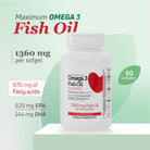 Maximum Omega 3 Fish Oil supplement with 1360 mg fish oil, 870 mg fatty acids, 625 mg EPA and 244 mg DHA