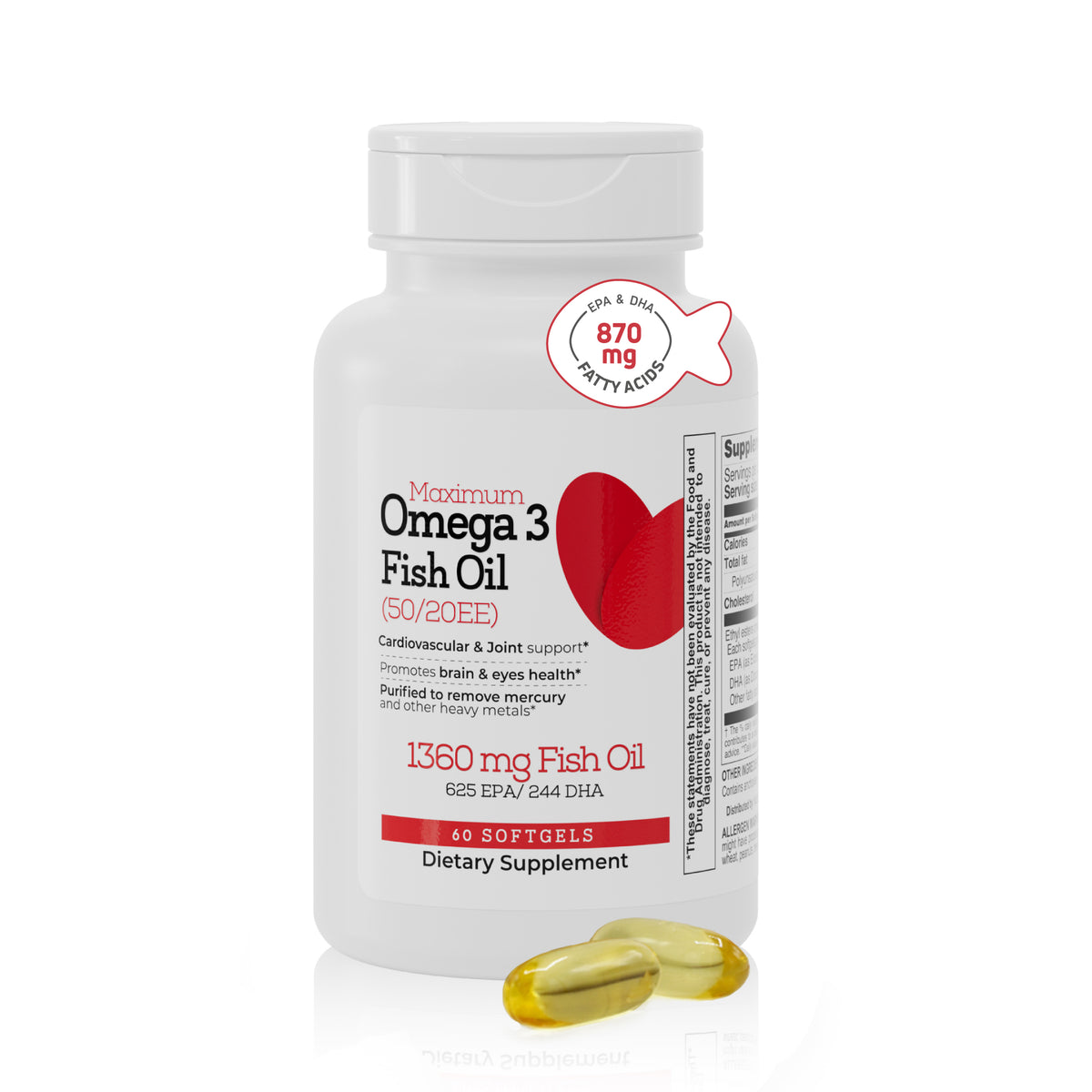 Maximum Omega 3 Fish Oil supplement bottle with 1360 mg fish oil, EPA, DHA and 60 softgels