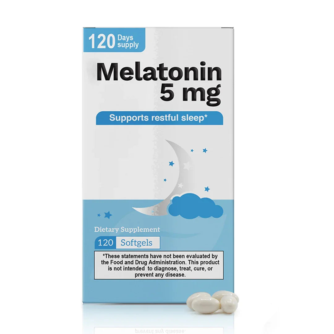 Melatonin 5 mg supplement box with 120 softgels and 120 day supply