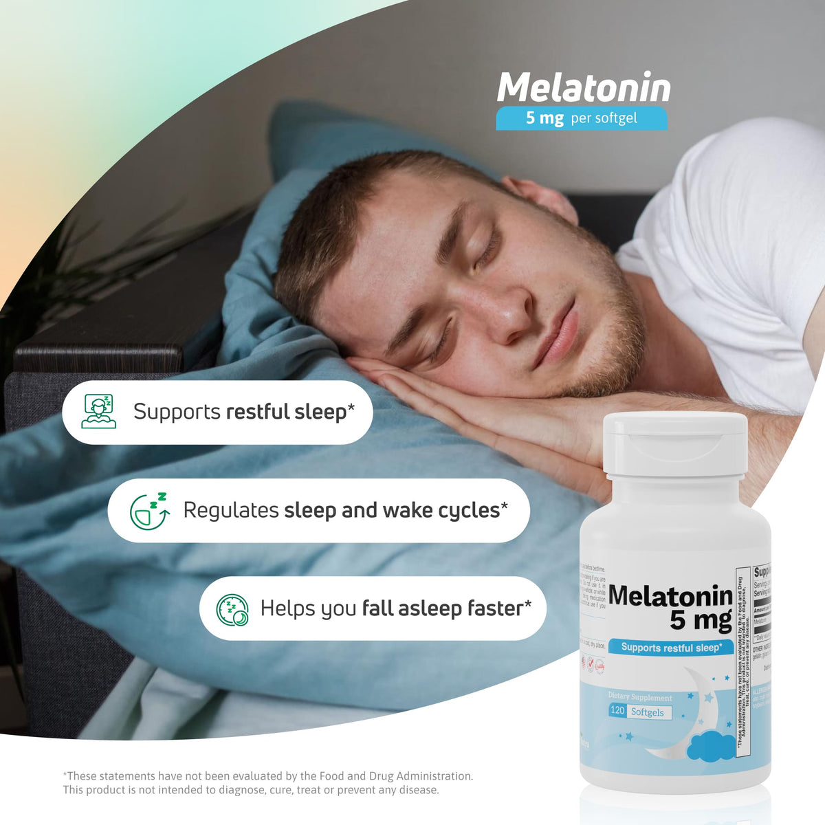Melatonin 5 mg sleep support supplement shown with a person resting for nighttime wellness routine