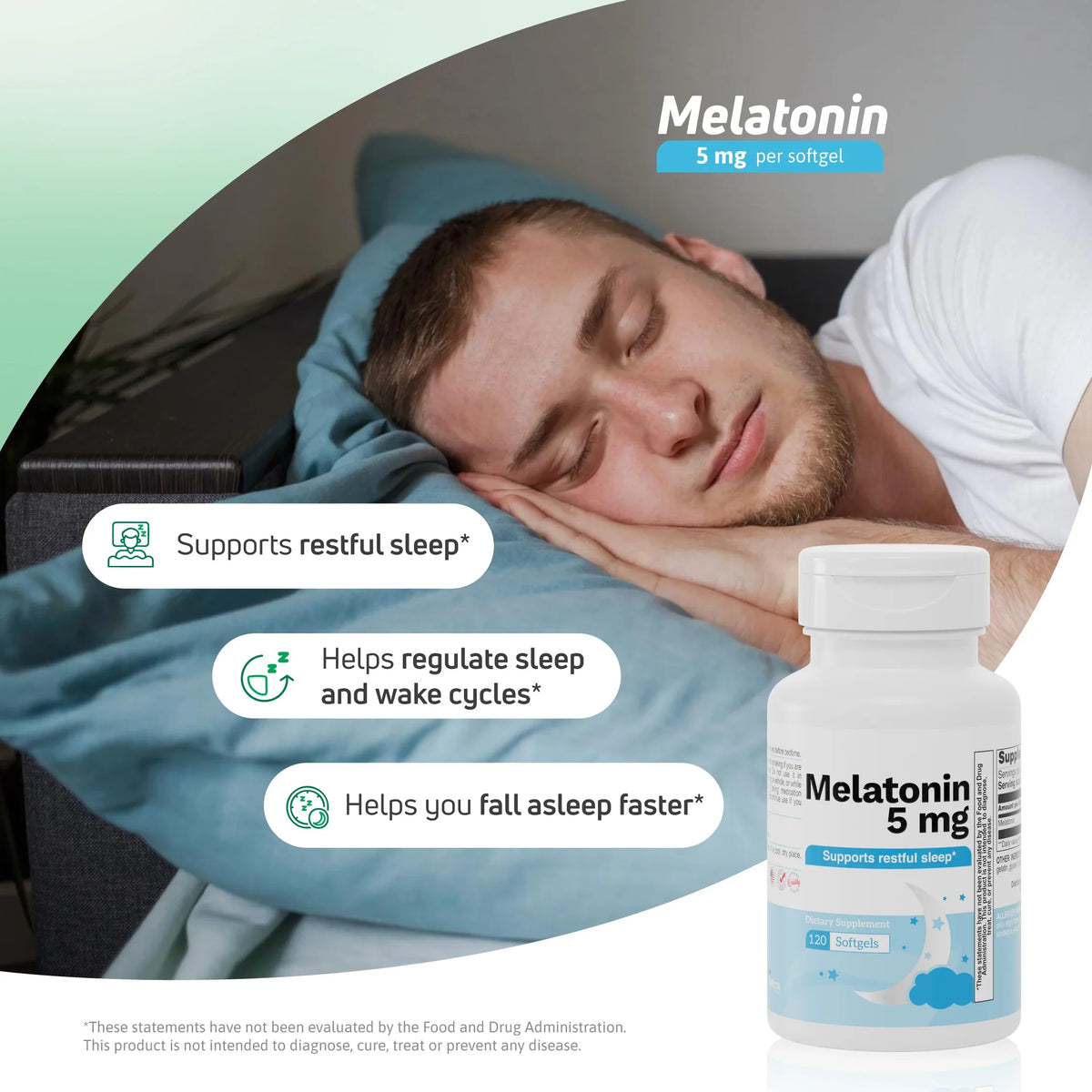 Melatonin 5 mg supplement lifestyle image for restful sleep and sleep wake cycle support