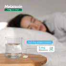 Melatonin 5 mg tiny softgel beside water for bedtime routine and sleep support
