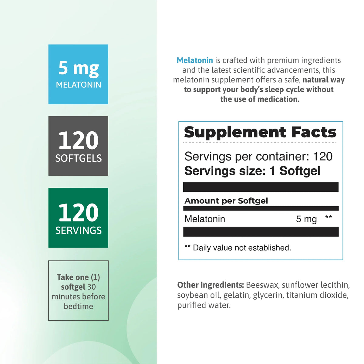 Melatonin 5 mg supplement facts panel with 120 softgels and 120 servings