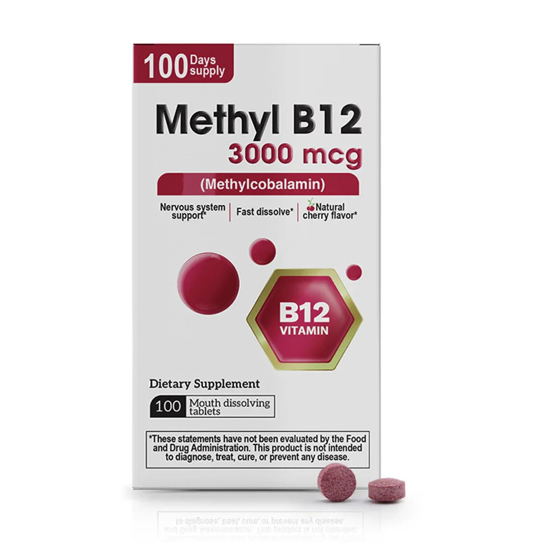 Methyl B12 3000 mcg supplement box with 100 mouth dissolving tablets and 100 day supply