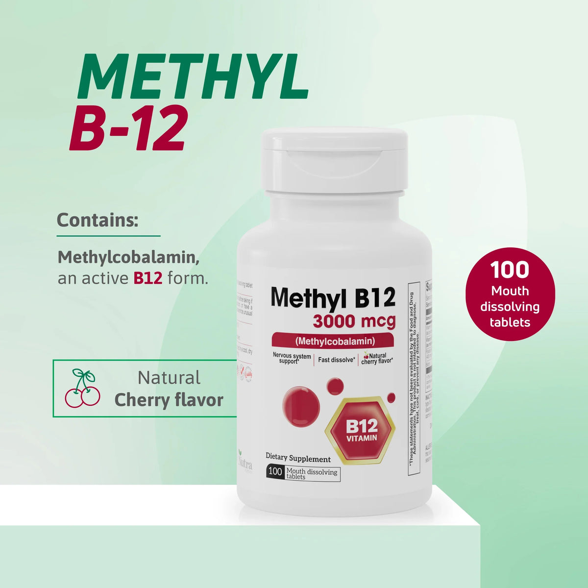 Methyl B12 3000 mcg methylcobalamin supplement with natural cherry flavor and 100 mouth dissolving tablets