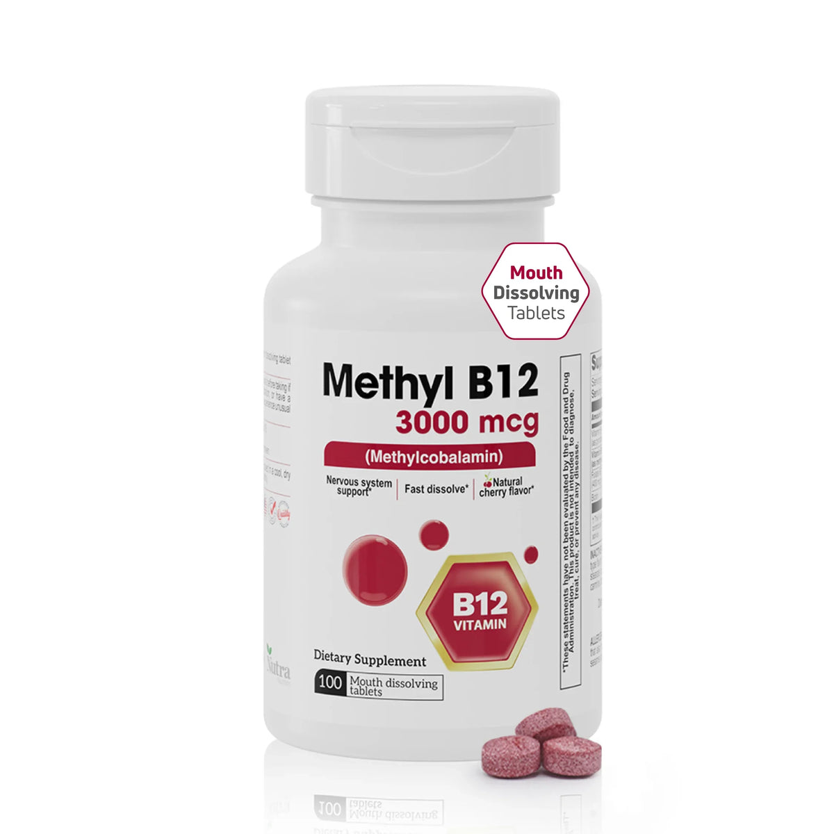 Methyl B12 3000 mcg methylcobalamin supplement bottle with mouth dissolving tablets