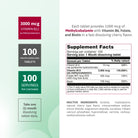 Methyl B12 3000 mcg supplement facts panel with vitamin B6, folate, biotin and 100 servings