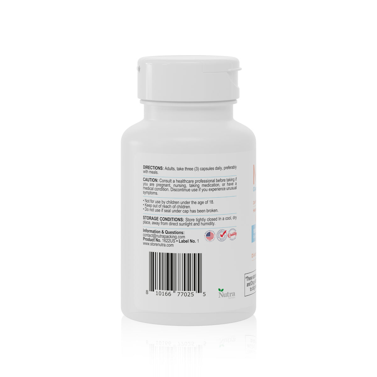 Mobiol supplement bottle back label with directions, caution information and barcode