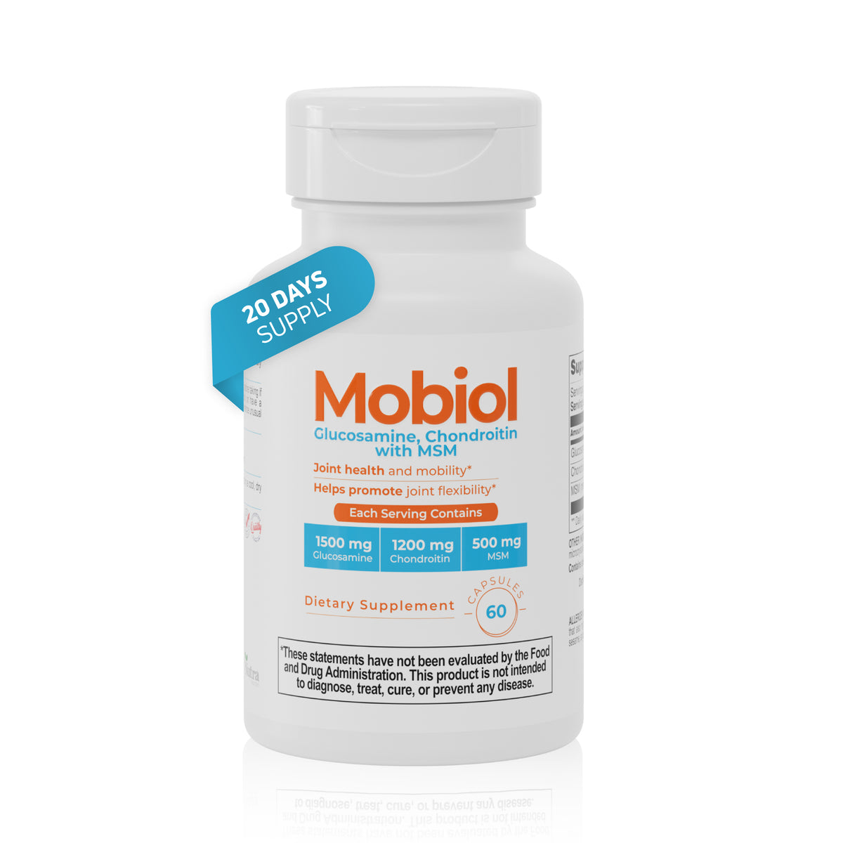 Mobiol joint support supplement bottle with glucosamine, chondroitin, MSM and 60 capsules