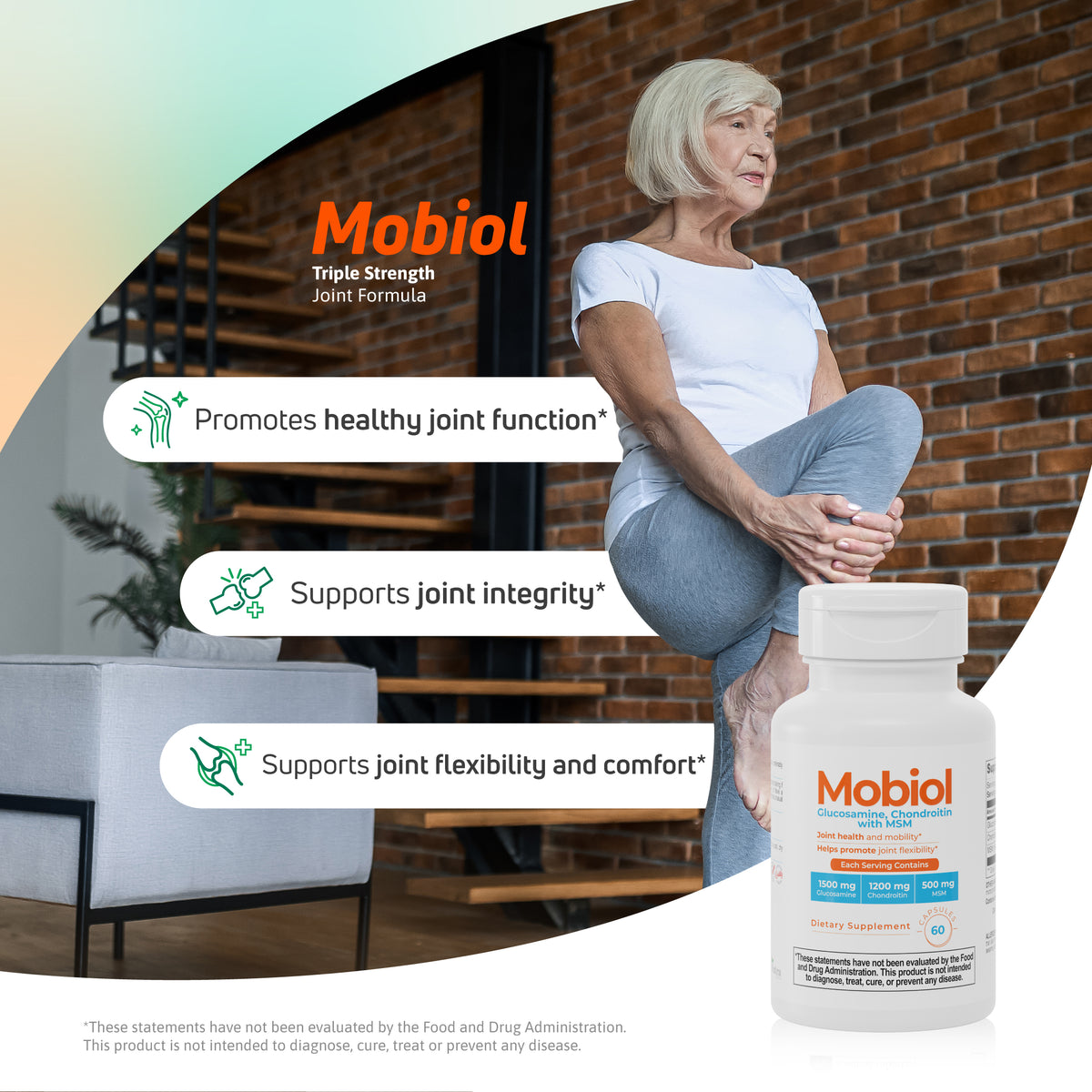 Mobiol joint health supplement lifestyle image for joint function, flexibility, integrity and comfort support