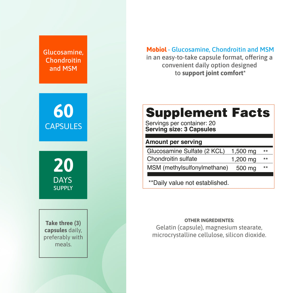 Mobiol supplement facts panel with glucosamine sulfate, chondroitin sulfate, MSM and 60 capsules