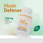 Mush Defense supplement featuring 300 mg Chaga mushroom extract and 60 capsules for immune support.