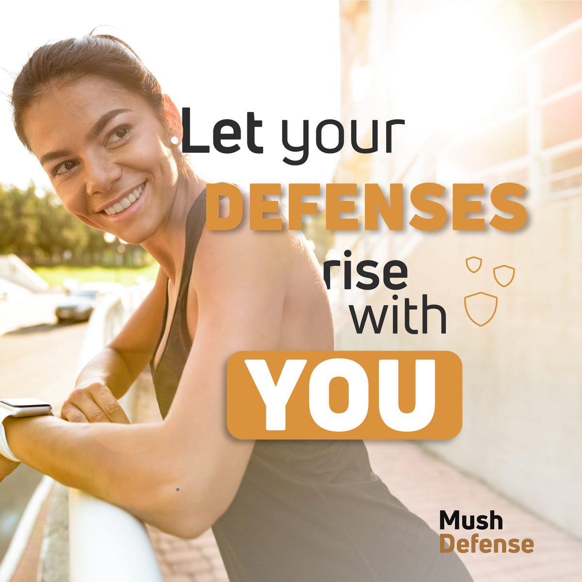 Lifestyle image for Mush Defense with a woman outdoors and message about daily immune defense support.