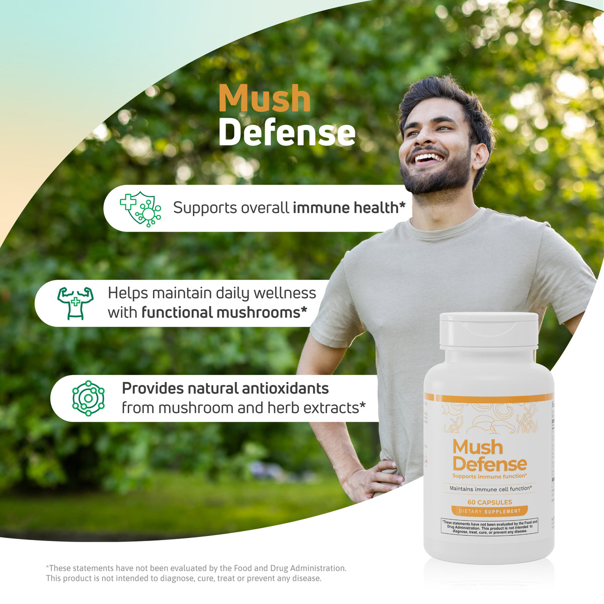 Mush Defense lifestyle image highlighting immune health, functional mushrooms and natural antioxidant support.