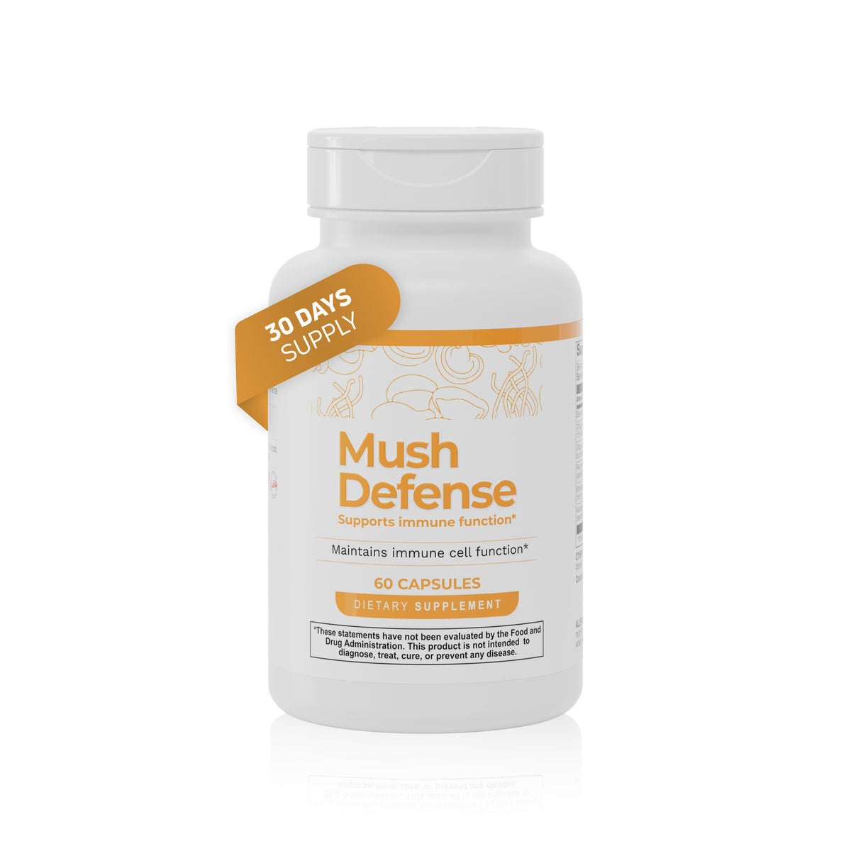 Mush Defense immune support supplement bottle with 60 capsules and 30 day supply.