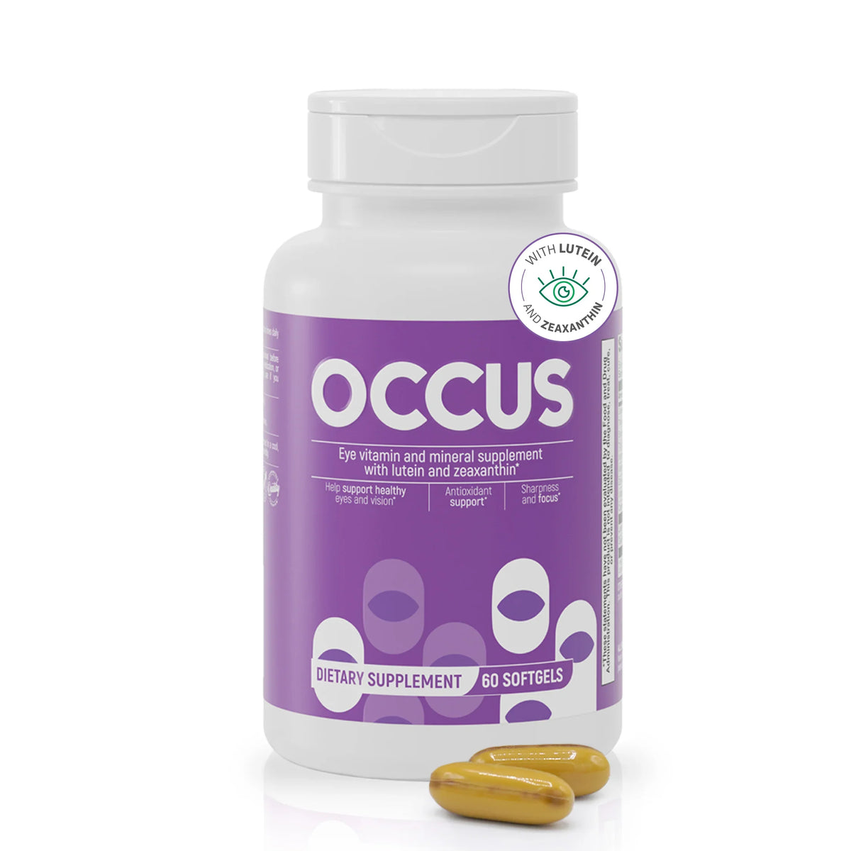 OCCUS eye vitamin and mineral supplement bottle with lutein, zeaxanthin and 60 softgels