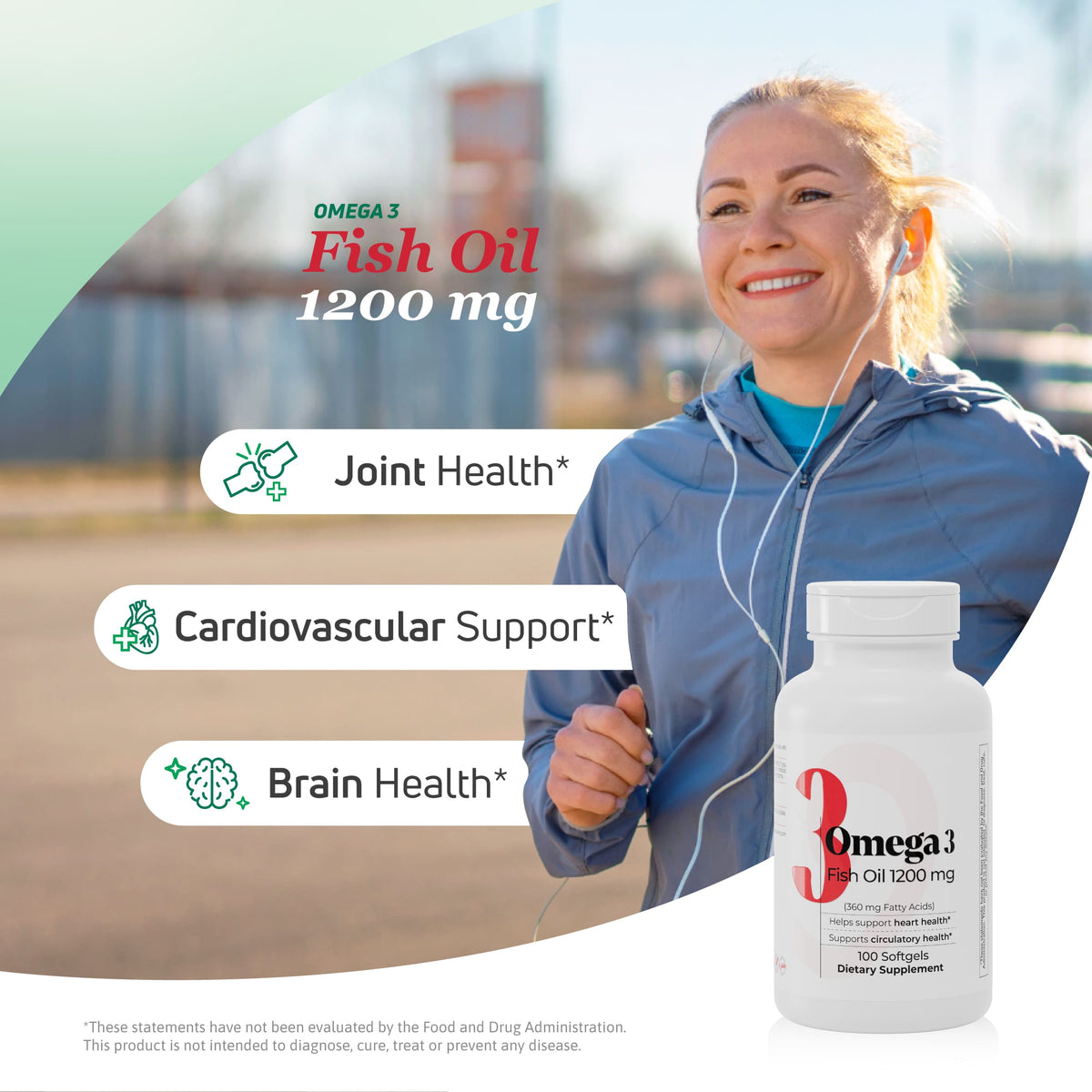 Woman jogging outdoors with Omega 3 Fish Oil 1200 mg supplement for heart, brain, joint, and active lifestyle support