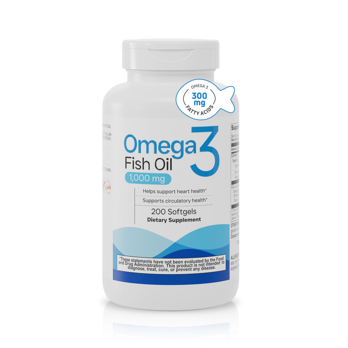 Omega 3 Fish Oil 1000 mg bottle with 200 softgels and 300 mg omega-3 fatty acids.