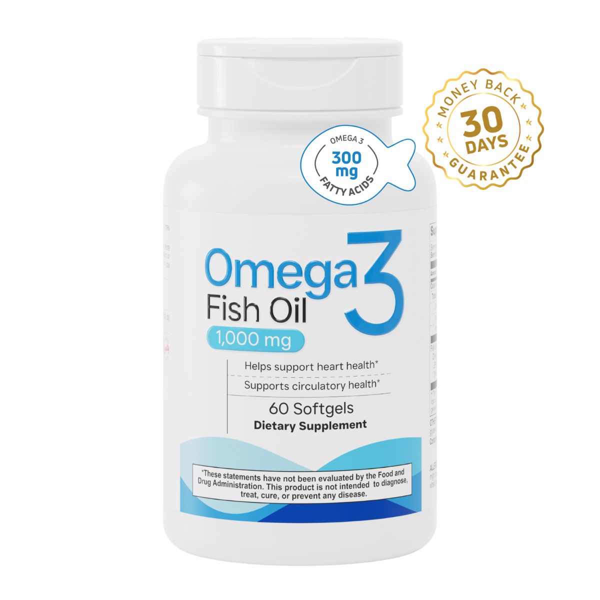 Omega 3 Fish Oil 1000 mg bottle with 60 softgels and 300 mg omega-3 fatty acids.