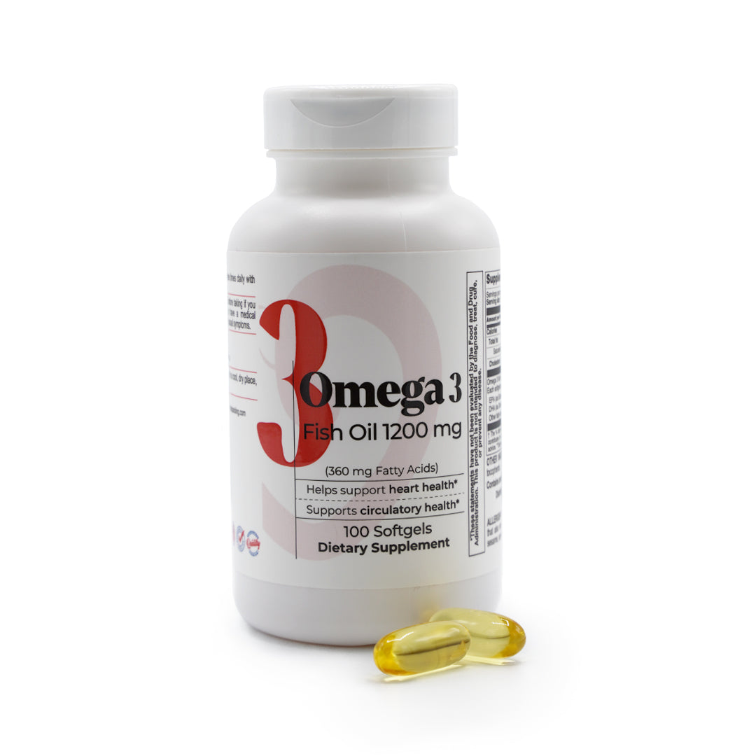 Omega 3 Fish Oil 1200 mg supplement bottle with 100 softgels and yellow fish oil capsules.