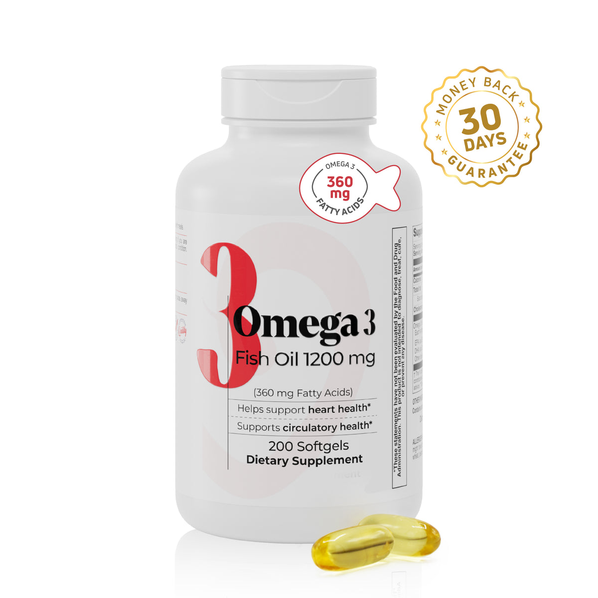 Omega 3 Fish Oil 1200 mg bottle with 200 softgels, 360 mg fatty acids and guarantee badge.