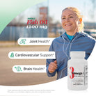 Woman jogging with Omega 3 Fish Oil 1200 mg for heart, joint and brain health support.