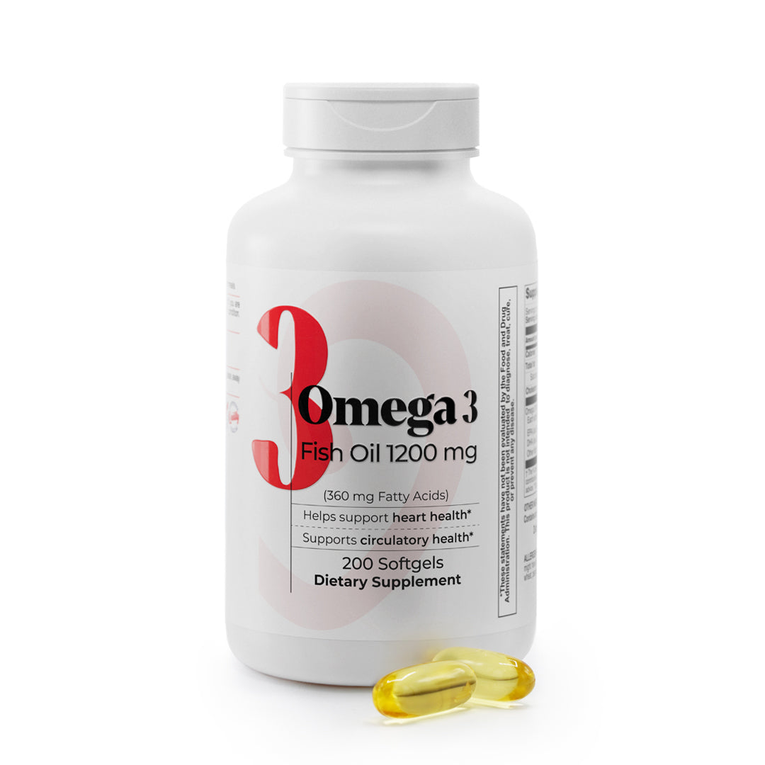 Omega 3 Fish Oil 1200 mg bottle with 200 softgels and fish oil softgels for daily cardiovascular support.