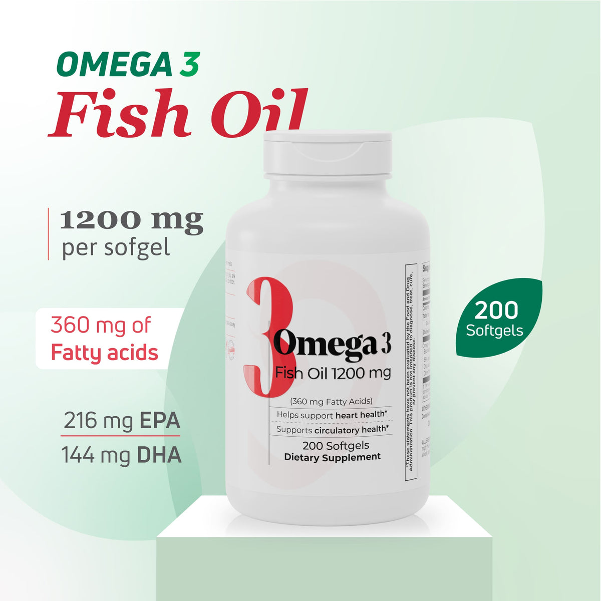 Omega 3 Fish Oil 1200 mg supplement with 200 softgels, 360 mg fatty acids, EPA and DHA per serving