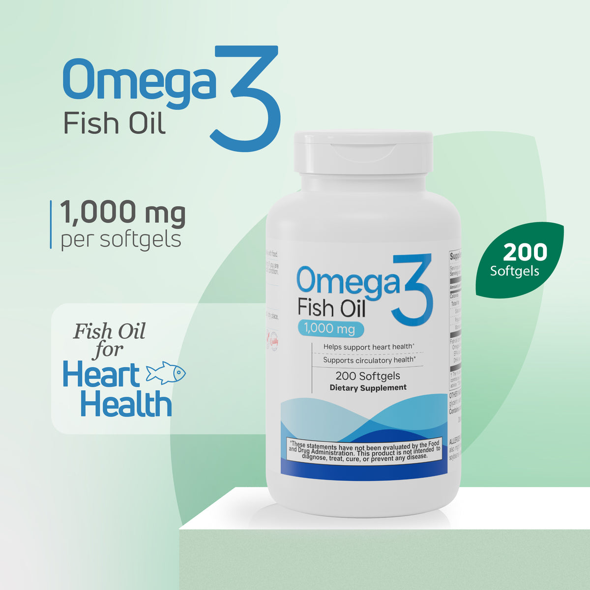 Omega 3 Fish Oil 1000 mg supplement with 200 softgels for heart health support.