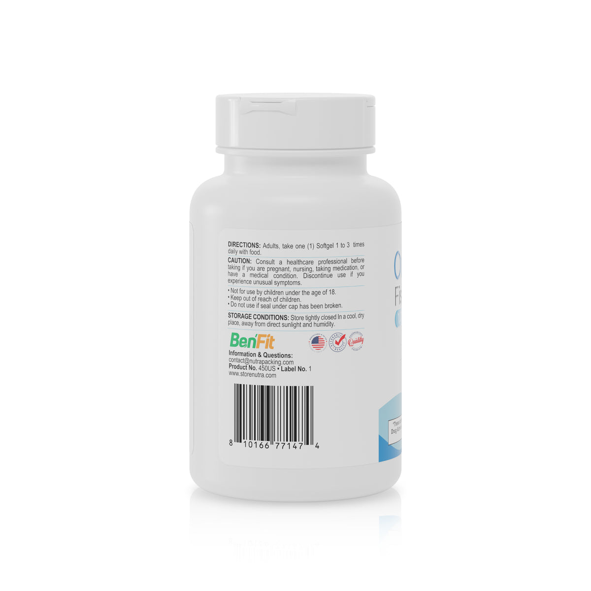 Back label of Omega 3 Fish Oil 60 softgels bottle with directions and barcode.