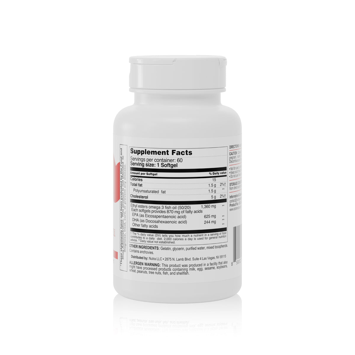 Omega 3 Fish Oil supplement bottle back label with supplement facts, EPA, DHA and allergen information