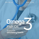 Omega 3 Fish Oil graphic with EPA and DHA for circulatory health support.