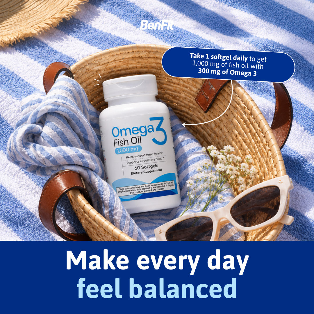 BenFit Omega 3 Fish Oil supplement with 1,000 mg of fish oil and 300 mg of omega-3 per softgel.