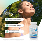Woman outdoors with Omega 3 Fish Oil supplement for heart health, joint health, and omega-3 fatty acids.