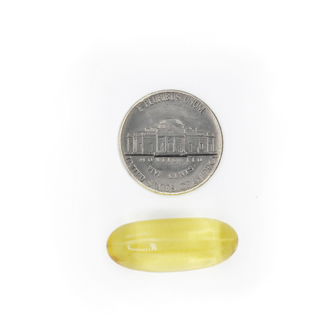 Omega 3 Fish Oil softgel size comparison next to a coin to show capsule size.