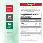 Omega 3 Fish Oil supplement facts with 1200 mg fish oil, EPA, DHA, and 60 softgels.