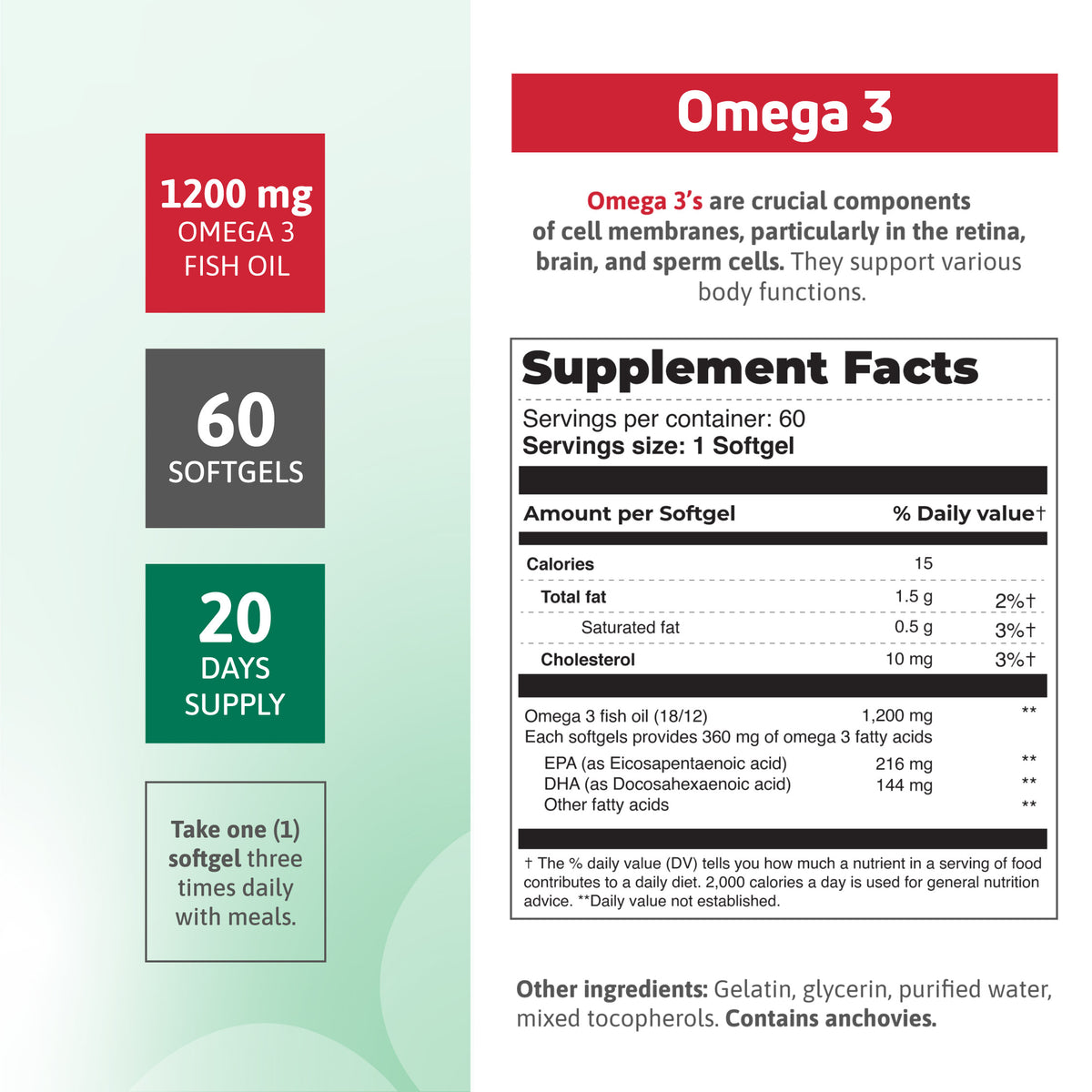 Omega 3 Fish Oil supplement facts with 1200 mg fish oil, EPA, DHA, and 60 softgels.