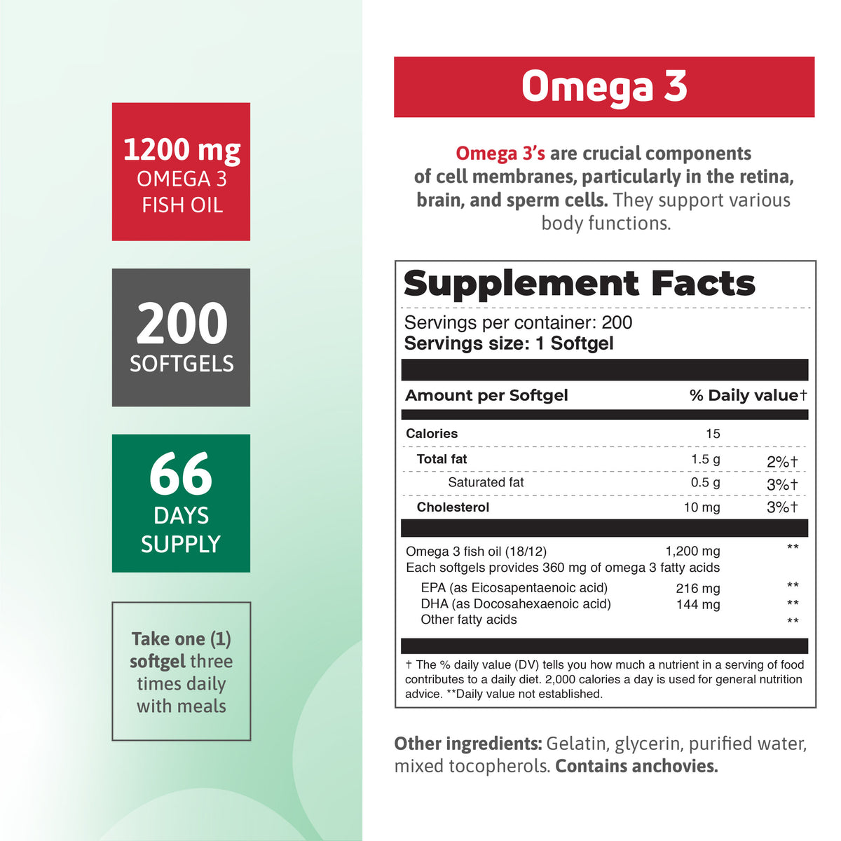 Supplement facts for Omega 3 Fish Oil with 1200 mg fish oil, EPA, DHA, and 200 softgels.