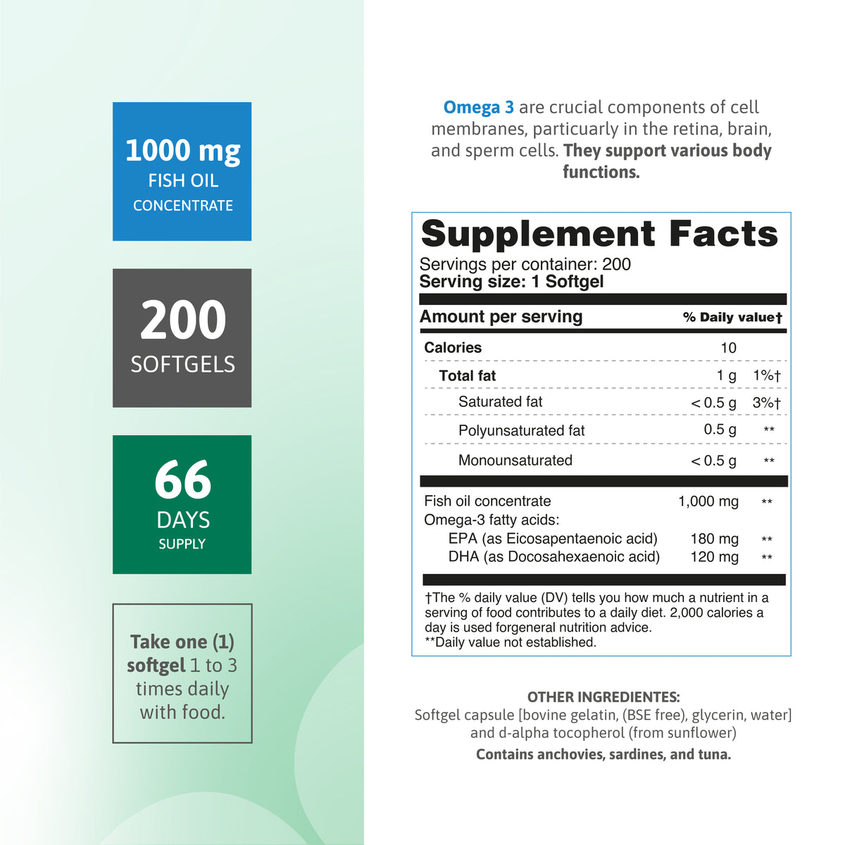 Supplement facts for Omega 3 Fish Oil 200 softgels with 1000 mg fish oil concentrate, EPA, and DHA.