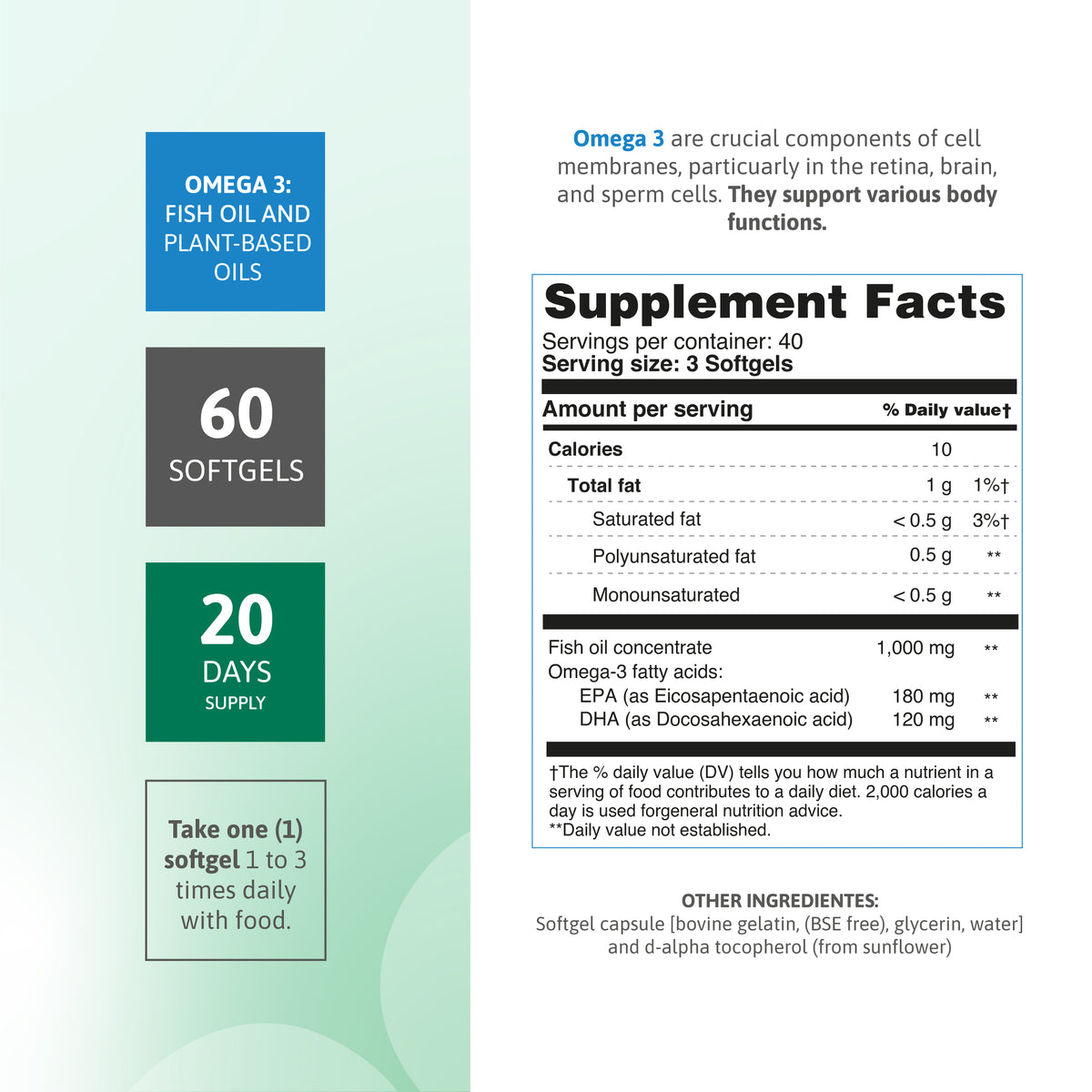 Supplement facts for Omega 3 Fish Oil with 1000 mg fish oil concentrate, EPA, DHA, and 60 softgels.