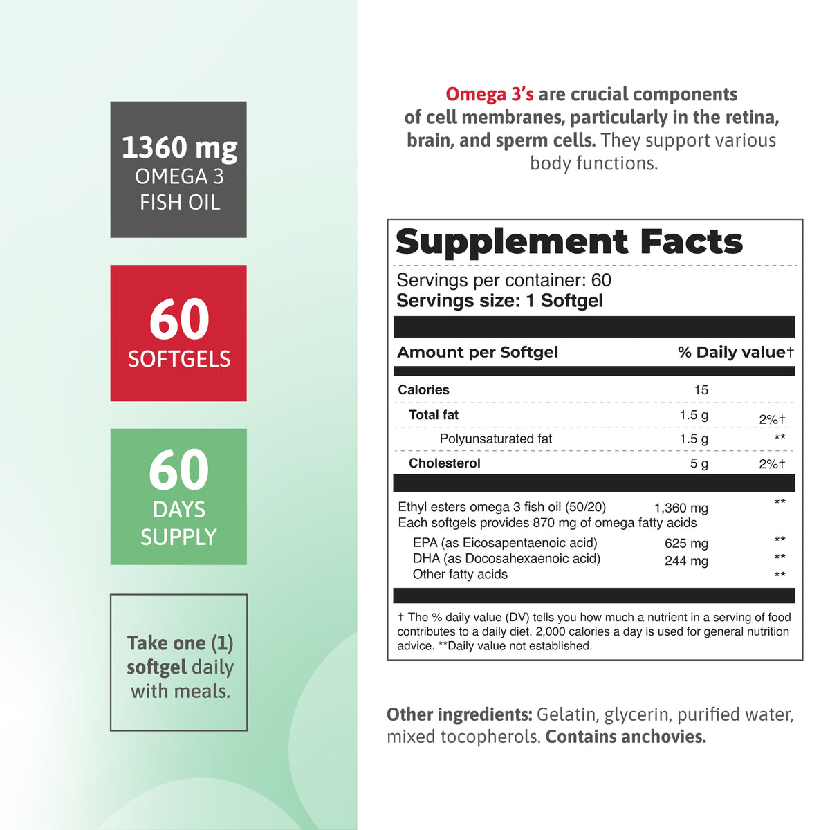 Omega 3 Fish Oil supplement facts panel with 1360 mg fish oil, EPA, DHA and 60 softgels