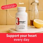 BenFit Omega 3 Fish Oil bottle in a warm kitchen setting, featuring 1,200 mg of fish oil and 360 mg of omega-3 fatty acids per softgel.