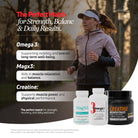 Supplement bundle with Omega 3, MagX3, and Creatine promoting strength, balance, recovery, and daily wellness results.