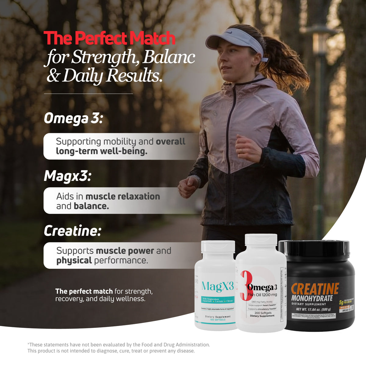 Supplement bundle with Omega 3, MagX3, and Creatine promoting strength, balance, recovery, and daily wellness results.