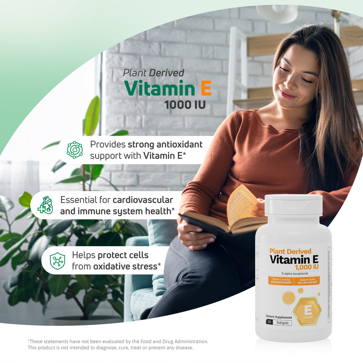 Plant Derived Vitamin E 1000 IU supplement for antioxidant support, cardiovascular health and immune system support